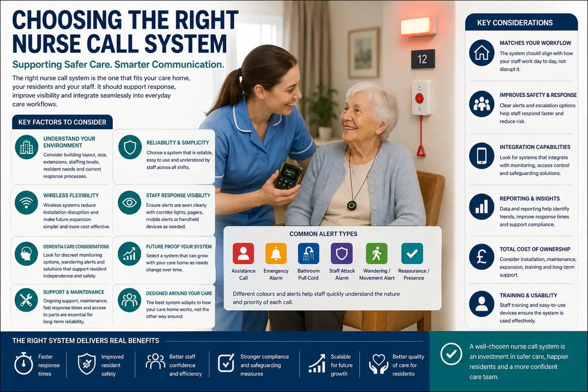 Care home nurse using a wireless nurse call system while assisting an elderly resident with corridor alert lights and communication features visible