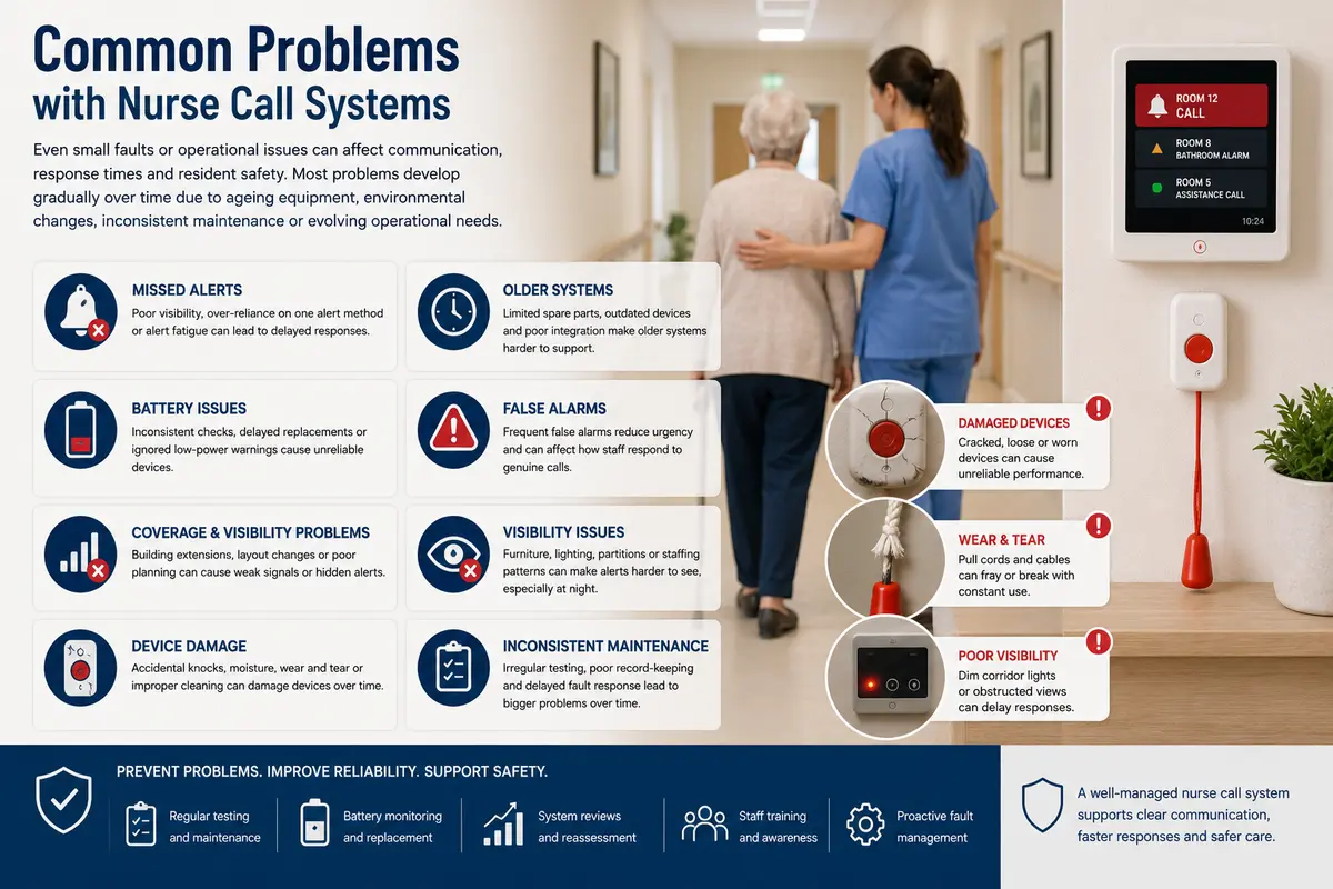 Illustration showing common nurse call system problems including missed alerts, battery issues, damaged devices, poor visibility, and maintenance challenges in a care home