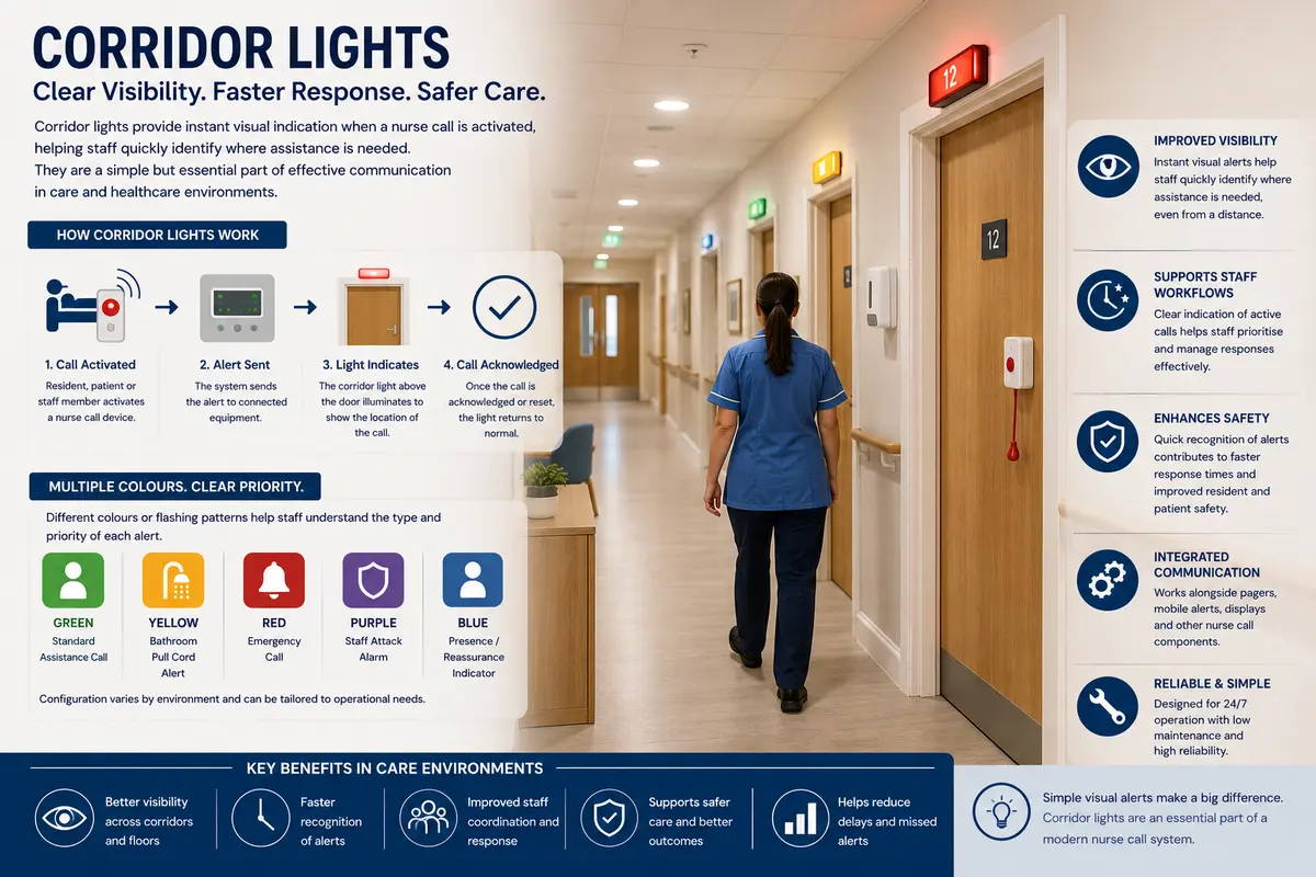 Corridor lights used in a nurse call system within a care home hallway showing visual alert indicators above resident room doors