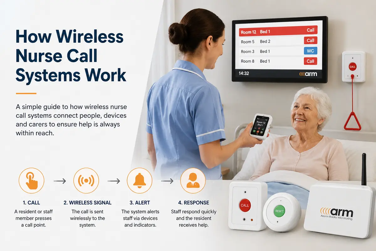 Wireless nurse call system in a care home environment with nurse responding to resident alert