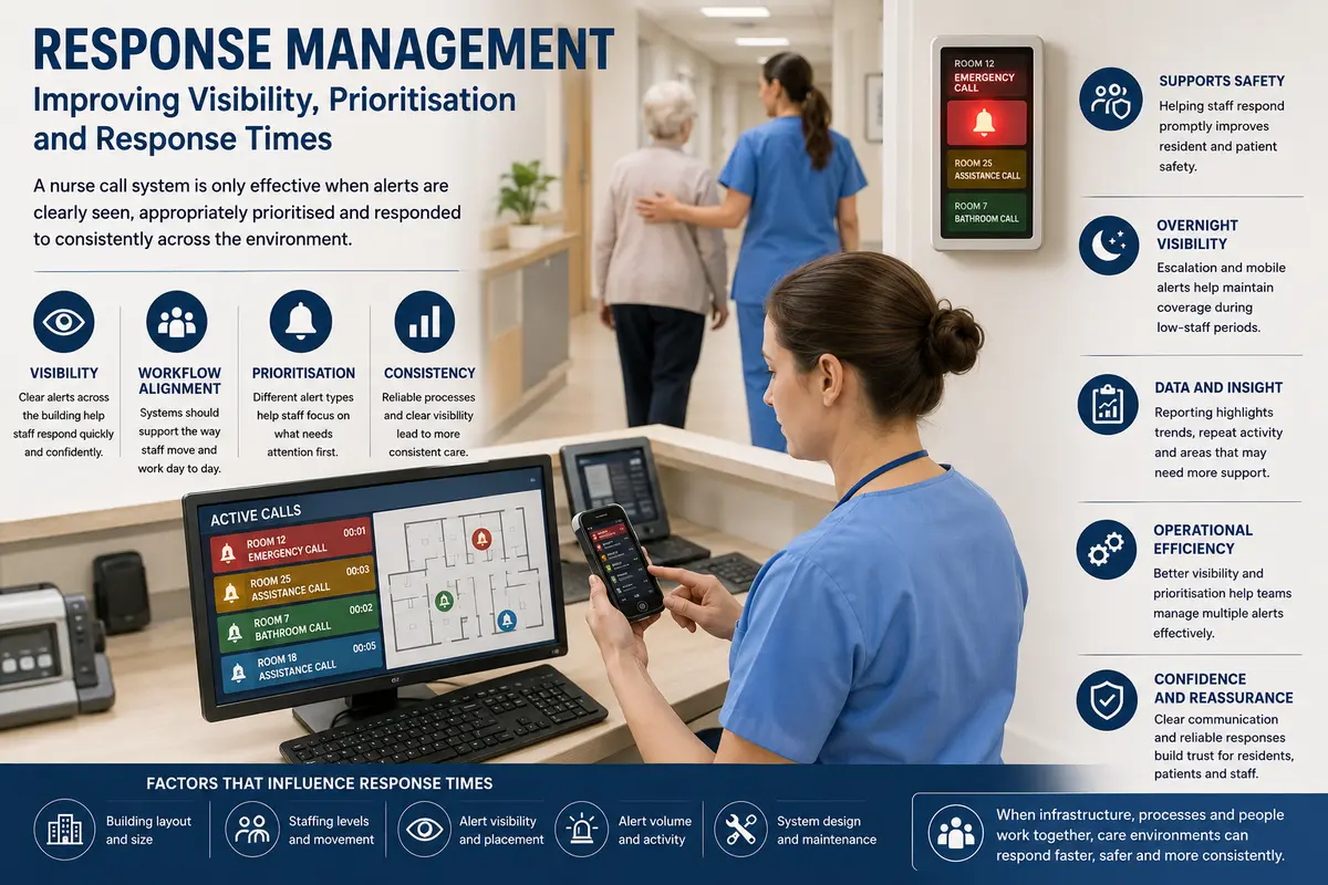Healthcare staff using nurse call response management systems with mobile alerts, prioritisation screens, and care home communication monitoring