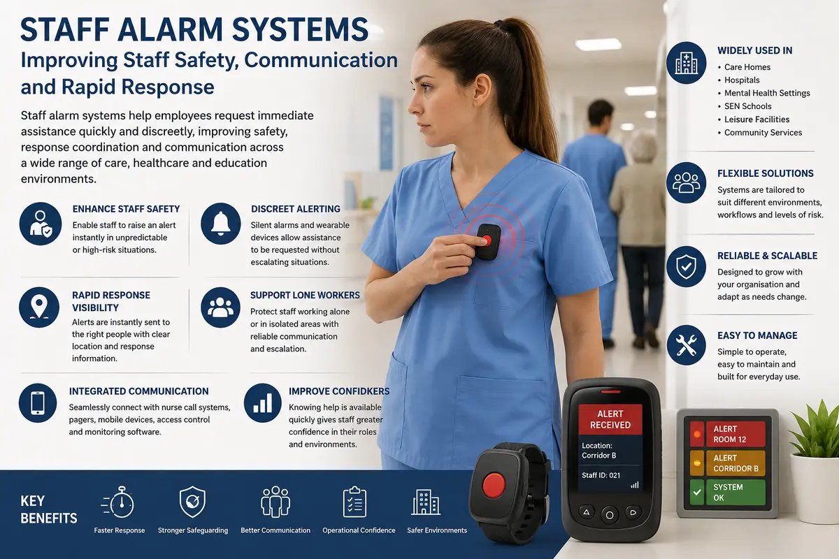Healthcare worker using a wearable staff alarm system in a care environment with emergency communication devices and response alerts