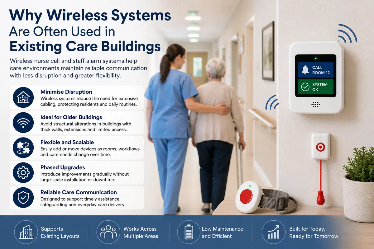 Wireless nurse call system installed in an existing care home building with healthcare staff assisting an elderly resident