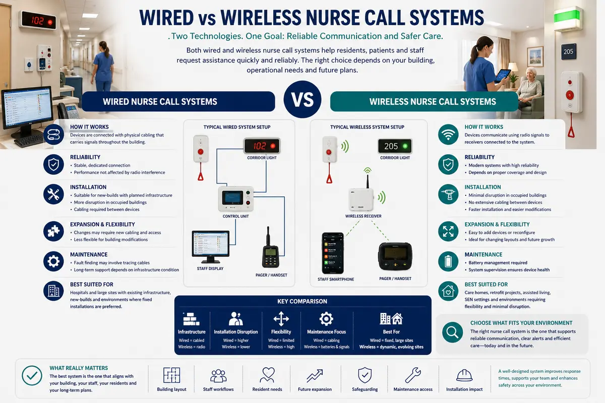 Comparison infographic showing wired and wireless nurse call systems used in healthcare and care home environments with communication devices and alert infrastructure